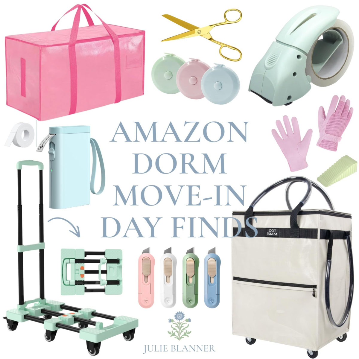 Collage of dorm move-in products, including storage bags, scissors, tape dispenser, gloves, utility cart, box cutter set, and rolling laundry hamper, with the text "Amazon Dorm Move-In Day Finds.