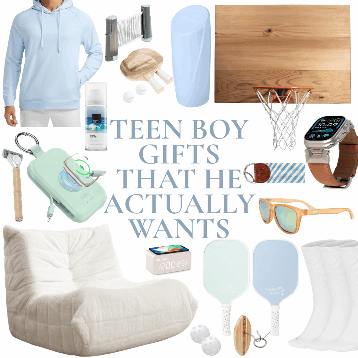 A collage of prime day teen boy gift ideas, including clothing, sports gear, gadgets, a chair, personal care items, and accessories, with the text "Teen Boy Gifts That He Actually Wants.