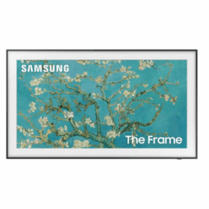 A Samsung Frame TV displaying a painting of almond blossoms on a blue background adds elegance and style to any space.