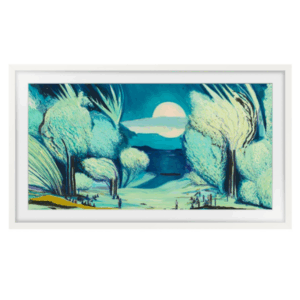 A framed painting, perfect for display on your Samsung Frame TV, depicting a surreal landscape with abstract blue and white trees, rolling hills, and a large moon in the sky.