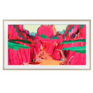 A framed painting, perfect for your Samsung Frame TV, depicts a vivid landscape with bright pink cliffs, green foliage, boats, figures, and a stairway descending into a canyon.