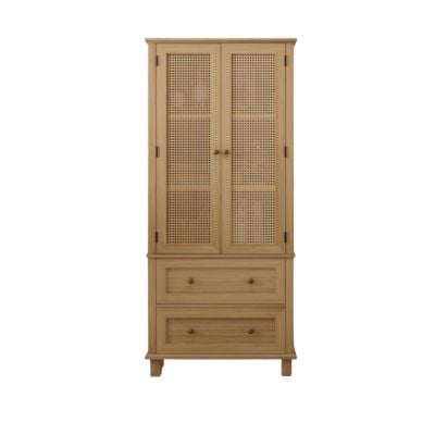 Wooden cabinet with two mesh-paneled doors on top and two solid drawers below, standing on four short legs—a stylish piece that brings the Pottery Barn look for less to your home.