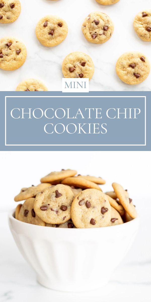 A bowl filled with mini chocolate chip cookies sits below several cookies spread out on a white marble surface.