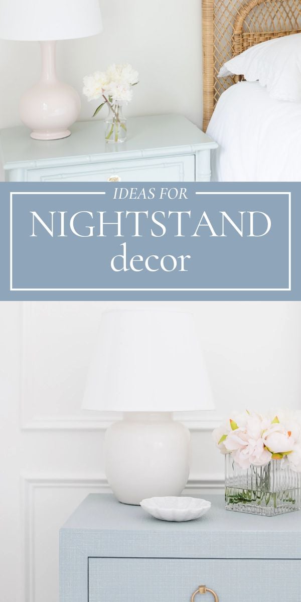 A pale blue nightstand with a white lamp and a small vase of flowers beside a bed, offering inspiring nightstand decorating ideas.