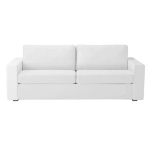 A white, modern Serena and Lily sofa with three seats, rectangular armrests, and plush cushions is viewed from the front against a plain background.