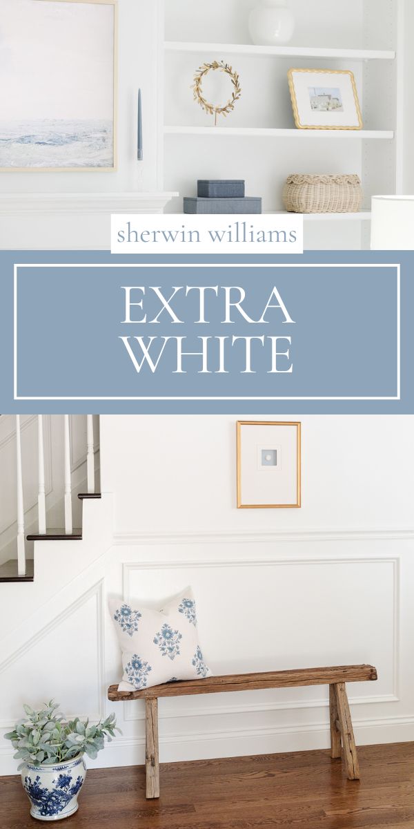 White painted room with built-in shelves, a wooden bench topped with a blue and white pillow, a potted plant, and a sign proudly displaying "Sherwin Williams Extra White.