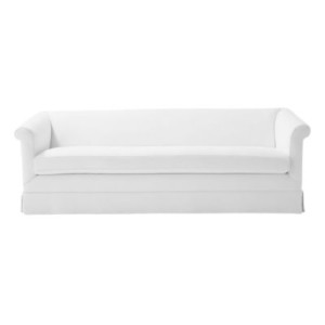 A white, three-seat Serena and Lily Sofa with rolled arms and a simple, skirted base is shown against a plain background.