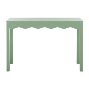 A rectangular green table featuring straight legs and elegant scalloped decor along the front edge.