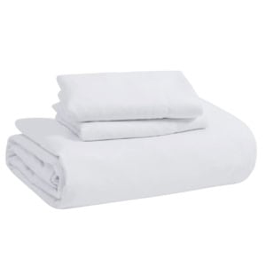 A set of neatly folded white bed sheets, including a fitted sheet, a flat sheet, and pillowcases, displayed against a plain white background.
