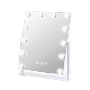 Rectangular vanity mirror with a white frame, ten round light bulbs around the edges, and three touch control buttons at the bottom center.