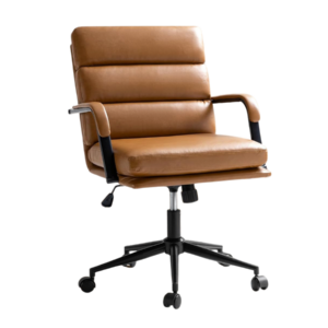 Light brown leather office chair with padded seat and backrest, metal armrests, adjustable height lever, and black wheeled base on a white background.