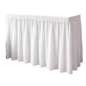 A white, gathered table skirt is draped around a rectangular table, covering the sides down to the floor.