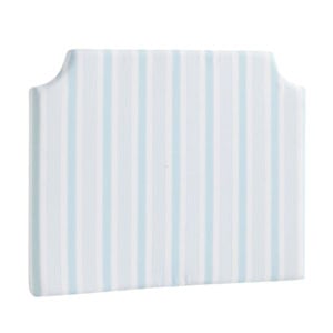 Upholstered headboard with light blue and white vertical stripes, featuring slightly curved top corners.