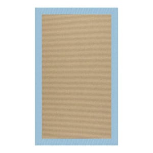 A rectangular woven beige rug with a light blue border, displayed on a white background.
