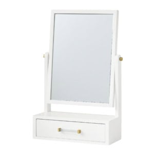 A rectangular tabletop mirror with a white frame, adjustable angle, and a single drawer with a white handle and gold accents.
