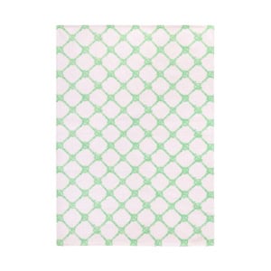 A rectangular rug with a repeating green geometric lattice pattern on a white background.