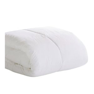 A neatly folded white comforter with a smooth, quilted surface, placed against a plain white background.
