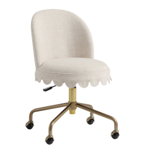 A white upholstered office chair with a scalloped edge seat, gold metal base, and black caster wheels.