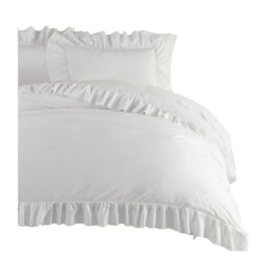 White bedding set with ruffled edges, including a comforter and two pillows, displayed against a white background.