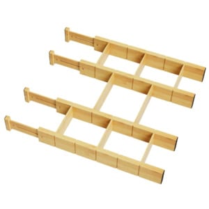 Three adjustable wooden drawer dividers with multiple square compartments are arranged parallel to each other on a white background.