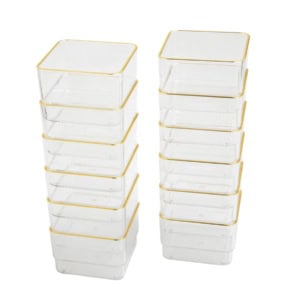 Two stacks of rectangular clear plastic storage containers with gold-colored rims, each stack containing five containers.