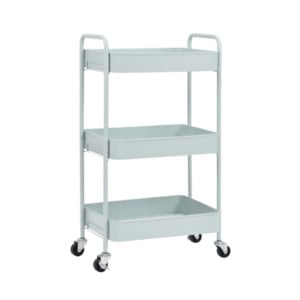 A light blue, three-tier metal utility cart with handles and four wheels, displayed on a plain white background.