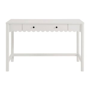 White wooden desk with scalloped trim along the front edge, two small round drawer knobs, and simple straight legs with crossbars.