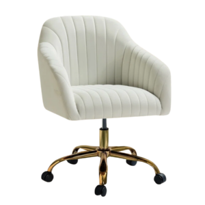 White upholstered office chair with vertical stitching, curved armrests, and a gold metal base with five black caster wheels.