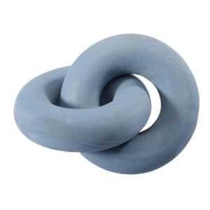 A smooth, matte, blue sculpture featuring two interlocking rings, placed against a plain white background.