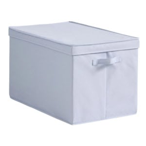 A rectangular light gray fabric storage box with a lid and a handle on the front.