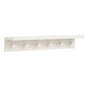A white wall-mounted shelf with five round hooks beneath it, designed for hanging items and providing storage space above.
