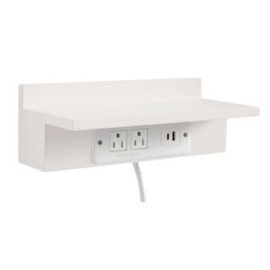 White wall-mounted shelf with three electrical outlets and one USB port on the front panel, and a power cord extending from the bottom.