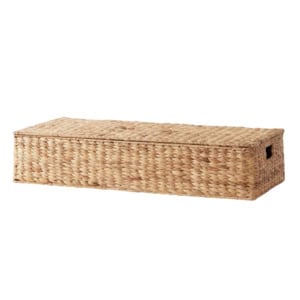 Rectangular woven wicker storage box with a lid and side handles, shown against a plain white background.