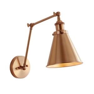 A brass wall-mounted adjustable sconce lamp with a conical shade and articulated arm against a white background.