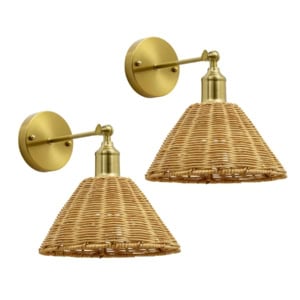 Pair of wall-mounted sconces with brass bases and woven rattan cone-shaped shades, shown against a white background.