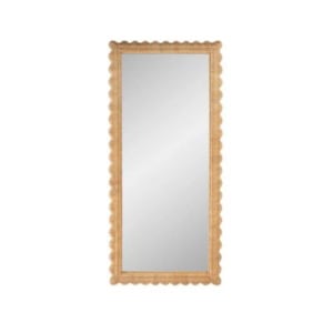 Rectangular mirror with a light wood scalloped frame, set against a plain white background.