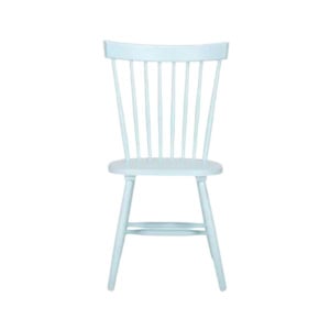 Light blue spindle-back dining chair.