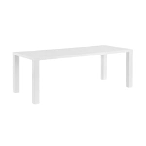 A rectangular white dining table with four straight legs.