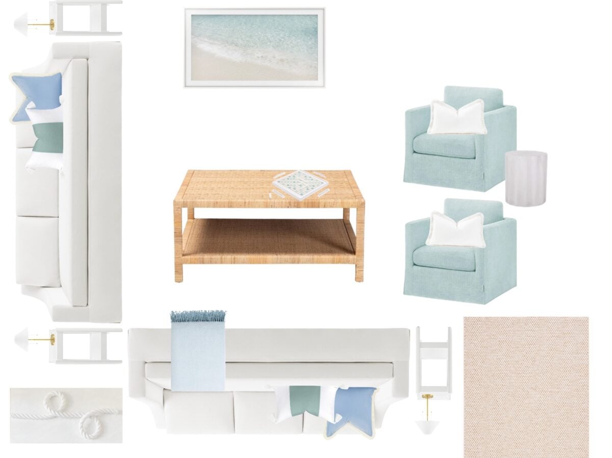 A furniture floor plan featuring two white sofas, two light blue armchairs, a woven coffee table, a beach landscape print, and a light-colored rug.