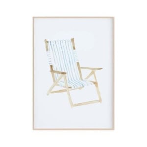 Watercolor painting of a light blue and white striped beach chair in a wooden frame.