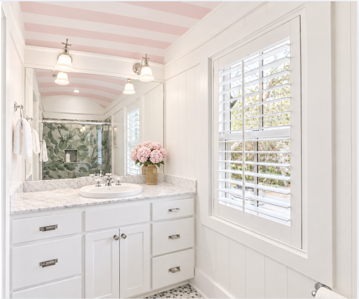 Bathroom vanity with a white marble countertop, a circular sink, and a large mirror reflecting a walk-in shower with green leaf-patterned tiles, under a ceiling with pink and white stripes.