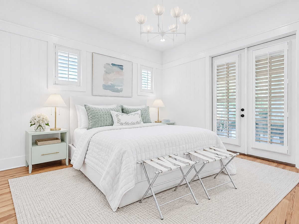 A bright bedroom with a white bed, pale green pillows, two bedside tables with lamps, and two luggage racks at the foot of the bed.