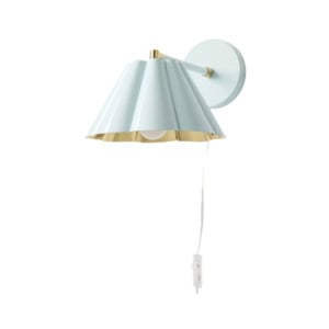 Light blue wall-mounted lamp with a scalloped shade, gold interior, and a pull cord.