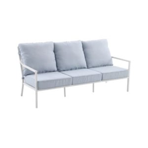 A three-seater outdoor sofa with a white frame and light blue cushions.