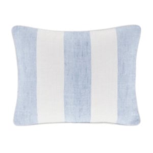 Rectangular throw pillow with wide light blue and white vertical stripes.