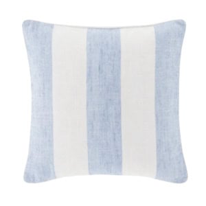 Square decorative pillow with broad light blue and white vertical stripes.