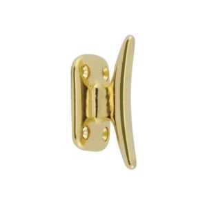 Brass-colored metal boat cleat with four screw holes.