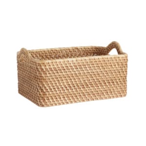 Rectangular woven wicker basket with two side handles.