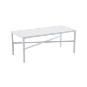 Rectangular white patio coffee table with a slatted top and an X-frame base.