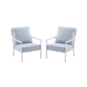 Two matching patio chairs with white frames and light blue cushions.